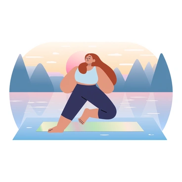 A girl with long brown hair is practicing yoga on a colorful mat next to a calm lake during sunrise. She is wearing a light blue tank top and black leggings. The water of the lake reflects the soft pastel colors of the sky, which is transitioning from dark blue to warm orange and pink hues. In the background, there are silhouettes of distant trees framing the scene. The girl's eyes are closed, and she is in a balanced pose, with one leg raised and arms positioned gracefully. Gentle ripples in the water create a serene effect, enhancing the tranquility of the moment.