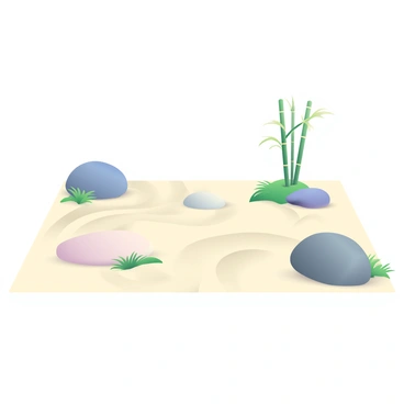 A zen garden floor features raked patterns in the pale, smooth sand, creating a sense of calmness and order. There are several carefully placed stones of various sizes, with their natural textures and colors contrasting against the light sand. Small patches of green moss are visible around the stones, adding a touch of nature to the scene. In one corner, a delicate bamboo arrangement stands upright, providing height and diversity to the composition. Soft shadows are cast by the stones, enhancing the tranquil atmosphere of the garden.