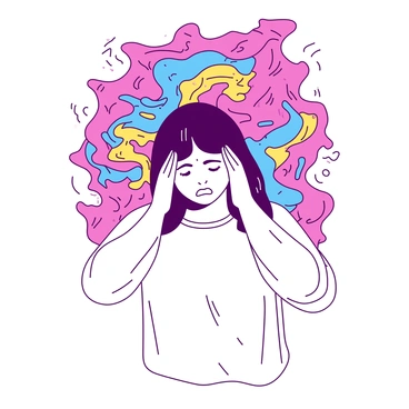 A person is standing with their head tilted slightly forward, holding their temples with both hands. The face shows a grimace of discomfort. Surrounding the person's head are vibrant swirling patterns in contrasting colors that illustrate the intensity of migraine pain. These abstract patterns are flowing and dynamic, depicting a sense of chaos, with some areas appearing more intense than others. The person's clothing is simple and neutral-colored, ensuring the focus remains on the expressions and the swirling patterns around them.