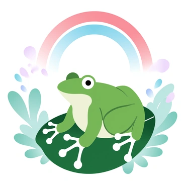 A tree frog with vibrant green skin is sitting on a large leaf. The frog has distinct suction cups on its toes and is positioned comfortably under a bright rainbow that arches across the sky. The rainbow features a smooth gradient of colors, transitioning seamlessly from red to violet. Surrounding the frog and the leaf are lush green plants, creating a rich, natural environment. The scene is filled with cheerful, bright colors, reflecting a lively atmosphere.