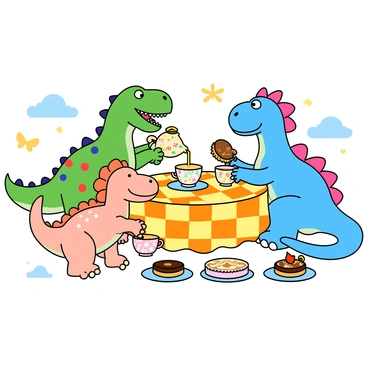 A group of three cute dinosaurs sitting around a small round table covered with a bright checkered tablecloth. One dinosaur is a green T-Rex with colorful polka dots and a big smiling face, pouring tea from a whimsical teapot into tiny floral-patterned teacups. The second dinosaur is a pink triceratops with big round eyes, eagerly reaching for a small pastel pastry shaped like a star. The third dinosaur is a blue stegosaurus with a friendly expression, holding a cupcake topped with sprinkles. Around them are colorful plates filled with various pastries, and a few butterflies fluttering nearby. The background features a sunny sky and fluffy clouds.