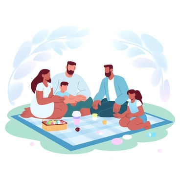 A family of four is sitting on a colorful picnic blanket spread out on the grass. The parents, a woman wearing a light pastel dress and a man in a casual shirt, are engaged in conversation with a therapist, who is wearing a comfortable sweater. The children, a boy wearing a bright t-shirt and a girl in a playful sundress, are playing with a small toy near the edge of the blanket. A picnic basket filled with fruits and snacks is open beside them, and there are several colorful plates and cups scattered around. Soft sunlight filters through the leaves of nearby trees, creating a warm atmosphere.