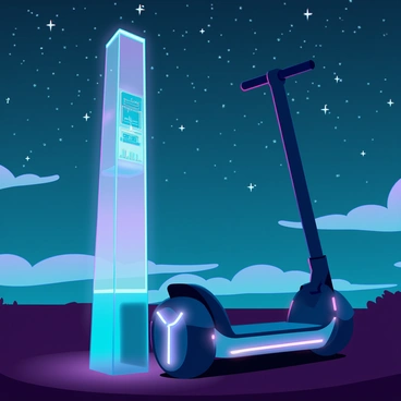 A glowing light emanates from a charging station, illuminating a sleek, futuristic Segway. The Segway features a smooth, aerodynamic design with advanced technology displayed on its control panel. The night sky is filled with a multitude of stars, casting a gentle glow over the scene. A few wispy clouds drift across the sky, and the landscape is outlined in shadow, enhancing the luminescence of the Segway and the surrounding area. The atmosphere conveys a sense of tranquility in this moment of technological energy and cosmic beauty.