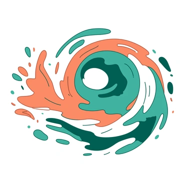 A swirling vortex of orange and teal colors forms a dynamic shape in the center of the image. The vortex has a fluid motion, with colors blending and contrasting against each other. The edges of the vortex have sharp, defined lines that highlight the intensity of the movement. Small patches of orange and teal are scattered around the vortex, suggesting a sense of motion and energy.