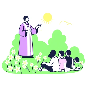 A preacher is standing on a small rise in a field filled with blooming lilies. The preacher is wearing a long, dark robe and has a gentle expression as he speaks. His arms are raised, emphasizing key points of his sermon. In front of him, a diverse group of people is gathered, sitting on the grass and listening attentively. The sun shines down, illuminating the vibrant white and yellow lilies surrounding them, creating a peaceful atmosphere. In the background, a few trees are visible, framing the scene with soft greenery.