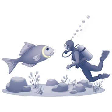 A scuba diver is submerged underwater, wearing a wetsuit and a diving mask. The diver is positioned at a safe distance, calmly observing an anglerfish. The anglerfish is prominently featured, showcasing its unique bioluminescent lure and peculiar body shape. Surrounding the diver and the anglerfish are various underwater plants and rocks that add texture to the marine environment. Bubbles are subtly rising from the diver's breathing apparatus, creating a sense of movement in the water.