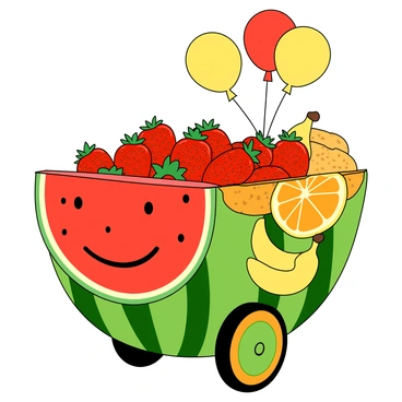 A large parade float is designed in a whimsical style, shaped like a giant fruit basket overflowing with various fruits. The float features a vibrant watermelon carved into a smiling face, with its green rind and bright red flesh visible. Surrounding the watermelon are clusters of glossy, red strawberries, each with tiny green leaves. Bright yellow bananas are artistically draped over the sides of the float, adding a cheerful touch. There are also orange slices arranged in a circular pattern, contributing to the overall colorful decor. Balloons shaped like fruits float above the float, enhancing the festive atmosphere. The base of the float is securely mounted on large wheels, painted in a playful shade of green, complementing the fruit theme.