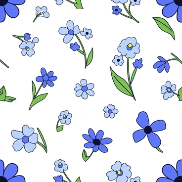 A seamless pattern featuring different types of blue flowers. The design includes delicate forget-me-nots with small petals, larger irises with striking shapes, and classic daisies with vibrant blue centers. Each flower is arranged in a balanced way, allowing some space between them for a clean look. Leaves in varying shades of green complement the blue flowers, adding depth to the pattern. The overall layout is cohesive and harmonious, creating a visually appealing pattern.
