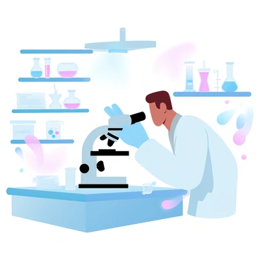 A scientist is peering through a microscope while surrounded by various laboratory equipment. The microscope stands on a cluttered workbench filled with petri dishes, test tubes, and beakers containing colorful liquids. Shelves in the background hold more scientific instruments and stacks of research papers. A bright overhead light illuminates the scene, casting soft shadows. The scientist is wearing a white lab coat and gloves, with a focused posture as they engage in their research.