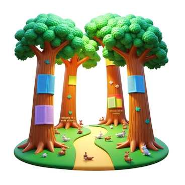 A whimsical forest scene with trees covered in illustrated storybook pages