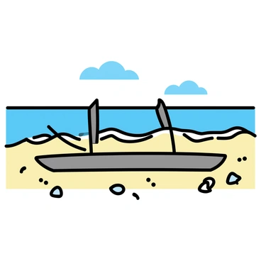 A sandy beach, with gentle waves lapping at the shore. Several pieces of driftwood are arranged meticulously to create the shape of a catamaran. The driftwood is weathered and textured, showcasing its natural hues of brown and gray. The catamaran design features two hulls with a spacious deck in between. Surrounding the driftwood art are small seashells and pebbles scattered across the sand, adding details to the scene. In the background, a clear blue sky stretches overhead, with a few wispy clouds.