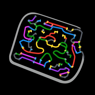 A detailed circuit board featuring a complex pattern of intricate paths and connections. The board is adorned with a variety of colorful wires, displaying vibrant shades of red, blue, green, and yellow that weave across the surface. Electric sparks can be seen jumping between certain connections, glowing brightly with a dynamic energy. The background is dark to highlight the colorful elements of the circuit board, enhancing the visual impact of the sparks and wires.