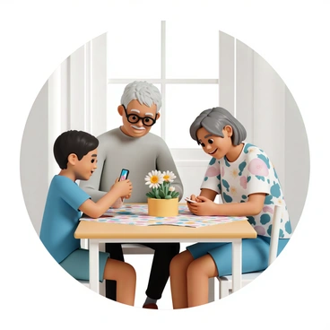 A tech-savvy child, wearing a bright blue t-shirt and denim shorts, is sitting at a wooden dining table. The child is enthusiastically explaining how to use a smartphone to two grandparents. The grandfather, wearing reading glasses and a light gray sweater, leans forward with a curious expression, while the grandmother, in a floral blouse, looks on attentively with a smile. The smartphone, placed on the table, displays an app interface. The dining table is set with a colorful tablecloth and a vase of fresh flowers in the center. A window in the background lets in natural light, highlighting the warm atmosphere of the scene.