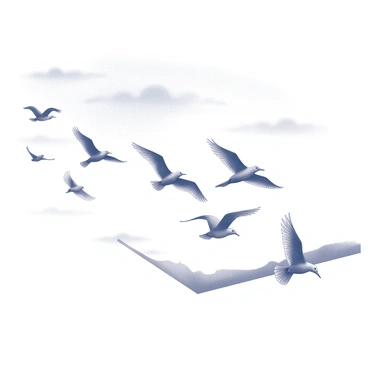 A flock of birds is soaring through the sky in a V-shaped formation. Each bird is clearly defined, showcasing details such as wings extended and beaks pointed forward. The background features a vast expanse of sky, with wisps of clouds scattered throughout. Below the flying birds, there is a subtle indication of land, perhaps with a silhouette of trees or hills, suggesting the direction of their migration path. The entire scene is captured in monochrome, highlighting the dynamic movement and organization of the birds as they travel together.
