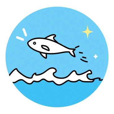 A flying fish with shimmering scales, gliding gracefully above the ocean waves. The ocean is a deep blue, with white frothy crests forming as the waves ripple beneath the fish. Above, the sky is clear and bright, showcasing a vibrant blue without any clouds. The sunlight reflects off the water, creating a sparkling effect that enhances the scene.