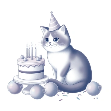 A ragdoll cat sitting calmly beside a birthday cake. The cat has soft, fluffy fur and a distinct color pattern with striking blue eyes. It is wearing a tiny party hat that sits snugly on its head. The birthday cake is adorned with decorative icing and multiple candles on top. The setting includes a small table with a festive atmosphere, complete with colorful balloons and confetti scattered around. The overall composition captures the joyful essence of a celebration.