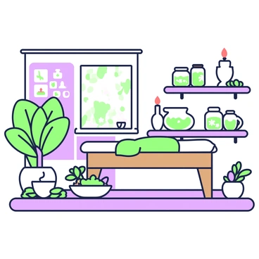 A serene Ayurvedic spa room is depicted with warm, ambient lighting. In the center, there is a wooden massage table covered with a soft towel. A small bowl filled with green herbal oils is placed beside the table, accompanied by fresh herbs and flowers. On a nearby shelf, jars filled with various herbal treatments are arranged, labeled clearly. A tranquil water feature is present, creating a gentle sound as water flows into a small basin. Several candles flicker softly on the windowsill, adding to the calming atmosphere. A lush plant in the corner enhances the natural feel of the space. The walls are adorned with simple decorations that reflect the Ayurvedic theme.