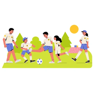 A group of four kids playing soccer in a green park. They are wearing Real Madrid gear, consisting of white jerseys with the team's logo on the front and blue shorts. Two boys are kicking the ball towards each other, while a girl is running to intercept the ball. Another girl is cheering from the sidelines, wearing a Real Madrid cap. The sun is shining brightly, and there are trees and a picnic blanket in the background.