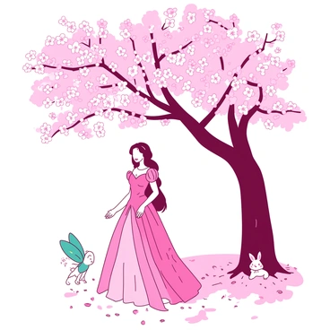 A princess dressed in a flowing pink gown stands beneath a canopy of cherry blossom trees, their branches heavy with delicate white flowers. The ground is covered with a soft layer of fallen petals. Surrounding her are small magical creatures, including a teal fairy with shimmering wings fluttering nearby, and a tiny white rabbit with sparkling eyes peeking from behind a tree trunk. The atmosphere is filled with a sense of wonder as sunlight filters through the blossoms, creating a gentle play of light and shadow.