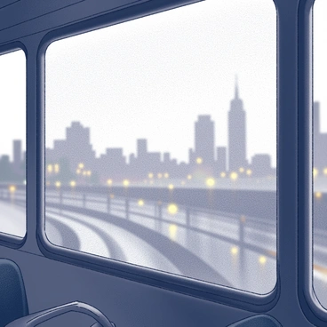 A close-up view of a bus window covered in fog and raindrops. The window has droplets of water trickling down the surface, distorting the view outside. In the background, city lights appear blurred and diffused, creating a soft glow. The overall scene conveys a sense of being inside the bus, with the drops of water enhancing the atmosphere of a rainy day in the city.
