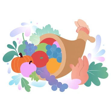 A cornucopia overflowing with fresh produce including vibrant apples, plump grapes, and bright orange pumpkins. Various vegetables like leafy greens and carrots are also spilling out from the horn. "Demeter's gentle hands" are depicted delicately reaching towards the ripe fruits, which are displayed prominently in the foreground. The scene is filled with a rich array of colors, emphasizing the abundance of nature's harvest.