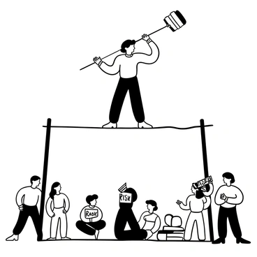 A performer dressed in a simple outfit is balancing on a tightrope stretched between two tall poles. The performer is holding a long balancing pole with both hands, maintaining an upright posture. Below the tightrope, there are various elements symbolizing lessons learned, such as stacked books and a pair of scales. The background features a simple audience watching the performance, with some individuals holding signs that say "Risk" and "Balance." The scene captures the tension of the act, emphasizing the importance of focus and determination.