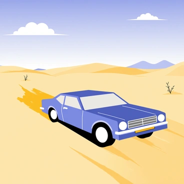 A sleek blue car with shiny chrome details is driving away, kicking up a cloud of dust behind it. The car is set against a vast, empty desert landscape featuring golden sand dunes that stretch to the horizon. A bright blue sky overhead is dotted with a few fluffy white clouds, and the sun casts sharp shadows on the ground. Sparse patches of dry vegetation are scattered throughout the desert, adding subtle texture to the scene. The perspective captures the car from behind, emphasizing its movement as it disappears into the distance.