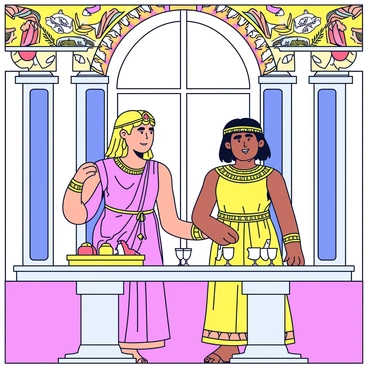 Cleopatra stands elegantly in a lavishly decorated Roman villa. She wears an ornate gown adorned with intricate gold patterns and jewelry. Julius Caesar is beside her, dressed in a traditional Roman toga with a laurel wreath resting on his head. The walls of the villa are embellished with colorful frescoes depicting scenes of nature and mythology. A marble table holds exquisite goblets and fruits. Soft drapes hang from tall windows, allowing sunlight to filter in, illuminating the scene.