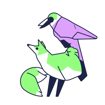 A geometric representation of a crow and a fox is illustrated with bold shapes. The crow is depicted with angular forms, featuring a large triangular beak and elongated body, perched on a branch. Its wings are spread wide, composed of sharp, stylized elements. The fox is shown below, with a triangular head and a bushy tail that curls upwards. Its body is formed with intersecting polygons, displaying a dynamic posture as it gazes up at the crow. Both animals are positioned in a way that emphasizes their distinct forms and features.