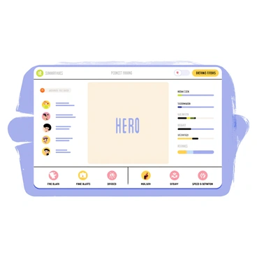 A game interface featuring a central panel for customizing a hero. On the left side, there are options for selecting different hairstyles, colors, and facial features, each represented by small circular icons. On the right side, there are sliders for adjusting the hero's height, weight, and muscle definition. Below the central panel, icons represent various abilities, such as fire blasts and speed boosts, with small descriptions beside each one. The background of the interface includes a textured design, enhancing the overall theme of hero customization.