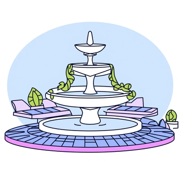 A classic fountain with three tiered bowls, each elegantly shaped. The fountain is situated in the center of a bustling plaza, surrounded by cobblestone pathways. Ivy vines cascade gracefully over the edges of the bowls, adding a touch of greenery. Water flows smoothly from the top bowl down into the lower tiers, creating a gentle splash. The plaza has a few benches and small potted plants scattered around, providing a cozy atmosphere. A clear blue sky fills the background.