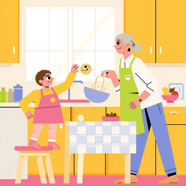 A child with light brown hair wearing a colorful apron is standing on a wooden stool, reaching up to mix cookie dough in a large mixing bowl. The grandmother, with gray hair tied back, is guiding the child with a gentle smile, holding a measuring cup filled with chocolate chips. The cozy kitchen has warm wooden cabinets and a checkered tablecloth on the dining table. Various charming decorations, like vintage cookie jars and a bowl of fresh fruits, are displayed on the counter. A window above the sink shows sunlight streaming in, illuminating the scene.