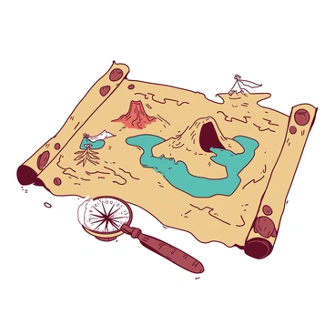 A duotone treasure map features intricate "cryptic symbols" scattered across the parchment-like background. The map prominently displays various "island landmarks," such as a "towering volcano," a "hidden cave entrance," and a "mysterious lagoon." Each landmark is marked with unique "illustrations" that enhance the map's adventurous essence. The edges of the map are adorned with decorative "nautical motifs," including "compasses" and "wave patterns." The overall design combines shades of {color_1} and {color_2}, giving the map an aged, mystical appearance.