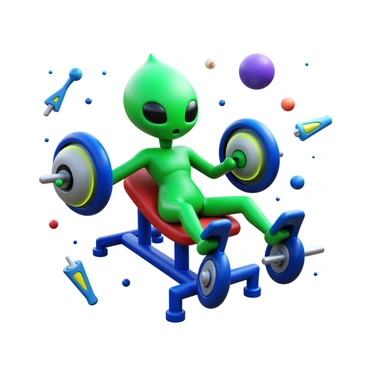 An alien creature with bright green skin and multiple limbs is using peculiar, futuristic equipment to perform skull crushers in zero gravity. The creature has large, expressive eyes and a distinctively shaped head. The equipment consists of a modified bench and adjustable weights that appear to glow. Surrounding the alien, various floating objects and workout gear drift in the weightlessness of space. The backdrop features a starry cosmos with distant planets visible in the background.