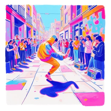 A street performer is breakdancing on a wide urban sidewalk. He is wearing a brightly colored hoodie and baggy pants. His movements are dynamic, showcasing a stylish headspin. Around him, vibrant graffiti covers the walls, featuring colorful murals and intricate designs. A small crowd has gathered, with onlookers clapping and cheering. Nearby, a boombox is playing music on the ground. The atmosphere is lively and energetic, highlighting the spirit of street culture.