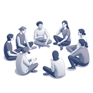 A diverse group of people sitting in a circle on the ground. Each person is engaged with one another, some are smiling while others are thoughtfully listening. The individuals vary in age, gender, and attire, representing a range of cultural backgrounds. In the center of the circle, there is an open space where personal items or shared objects might be placed, inviting interaction. The setting conveys a sense of community and connection among the participants.