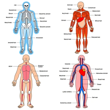 A variety of colorful diagrams illustrating different human body systems. The first diagram features the skeletal system, showcasing a detailed representation of bones in white against a light blue background. Next, the muscular system is represented, displaying various muscles in shades of red and pink, highlighting their connections to the skeleton. The circulatory system is depicted with vibrant red and blue lines, illustrating arteries and veins throughout the body, with a heart in the center. Each diagram includes labels in clear, bold text to identify specific components and systems, arranged neatly on a clean white background for clarity.