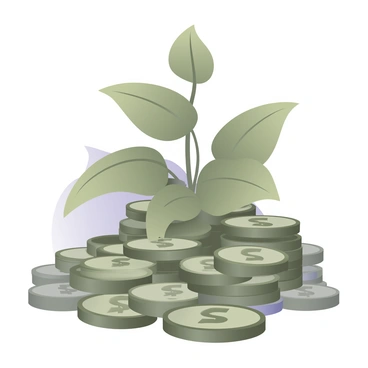 A digital flat illustration featuring a vibrant eco-friendly plant with abundant green leaves shaped like "dollar signs." The plant is emerging from a large pile of shiny green coins that have a glossy texture. The coins are stacked haphazardly, giving a sense of abundance. Bright sunlight is illuminating the scene, casting soft shadows. The background is a subtle gradient of light blues and greens, enhancing the focus on the plant and coins.