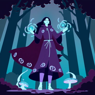 A mysterious sorceress with long, flowing black hair is casting a spell in a dark forest. She wears a deep purple cloak that billows around her as she moves, adorned with intricate silver symbols that shimmer faintly in the dim light. Her hands are raised, surrounded by swirling energy in shades of blue and green, illuminating her focused expression. The forest around her is dense with towering trees, their twisted branches and thick shadows creating an eerie atmosphere. Wisps of mist curl around her feet, and the ground is covered with damp leaves and glowing fungi, adding to the otherworldly ambiance.