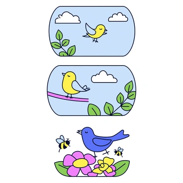 A sequence of three sequential art panels. The first panel shows a small, cheerful bird perched on a branch, surrounded by green leaves. The second panel depicts the bird taking flight, with its wings spread wide as it soars into a blue sky dotted with fluffy white clouds. The third panel features the bird landing on a colorful flower, with vibrant petals and a few bees buzzing nearby. Each panel captures a moment in the bird's journey.