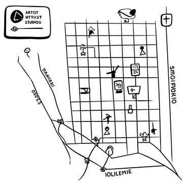 A detailed map displaying the layout of Manhattan with marked locations of "artist studios" and "galleries." Each studio is represented by a small icon resembling an easel, while galleries are indicated by an icon of a framed piece of art. There are lines connecting each location to show pathways, with street names labeled clearly around the edges of the map. A legend in one corner explains the icons used for studios and galleries.