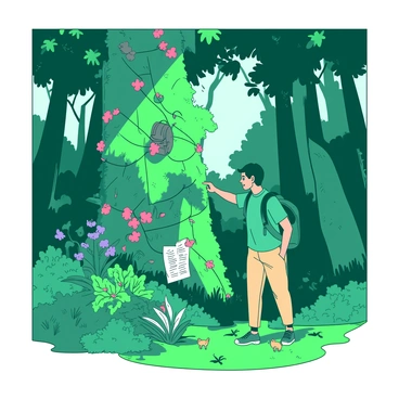 A duo of explorers is navigating through a dense green rainforest. The first explorer, wearing a teal shirt and carrying a backpack, is observing a variety of plants and vibrant flowers. The second explorer, dressed in khaki pants and holding a map, is pointing towards a large tree covered in colorful vines. Surrounding them are tall, thick trees with dark green foliage, and rays of sunlight are filtering through the leaves, creating a dappled light effect on the forest floor. Small creatures can be seen moving among the underbrush, adding life to the scene.