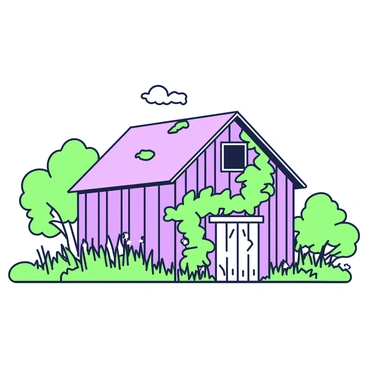 A rustic barn stands in a rural landscape. The barn has weathered wooden walls with visible knots and cracks. Ivy is creeping up along the sides of the barn, intertwining with the wood. The roof of the barn features a slight pitch and has a few missing shingles. The surrounding area is filled with tall grasses and wildflowers, while a few trees are visible in the background. The scene is bathed in soft light, highlighting the texture of the barn and the greenery of the ivy.