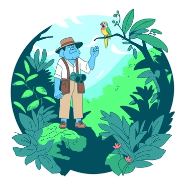 A blue Professor Shonku is standing on a moss-covered rock in the midst of a lush green rainforest. He is wearing a khaki explorer outfit and holding a binoculars in one hand while examining a colorful rare bird perched on a branch above him. Surrounding him are vibrant green ferns and various unique plants, some with large, glossy leaves and exotic flowers. In the background, shafts of sunlight filter through the dense canopy, illuminating the rich biodiversity of the rainforest. A gentle mist envelops the scene, enhancing the sense of adventure and discovery.