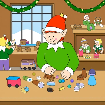 A cheerful elf with pointed ears and a bright green tunic is busy at work in Santa's workshop. The elf has light skin and short, curly red hair, wearing a festive red hat with a yellow bell on the tip. Surrounding him are colorful toy pieces scattered across a wooden workbench. The workshop is filled with various toys in different stages of completion, such as dolls, wooden trains, and teddy bears. The walls are adorned with garlands and twinkling lights. Other elves can be seen in the background, each engaged in their own tasks of painting and assembling toys, while a large window reveals a snowy landscape outside.