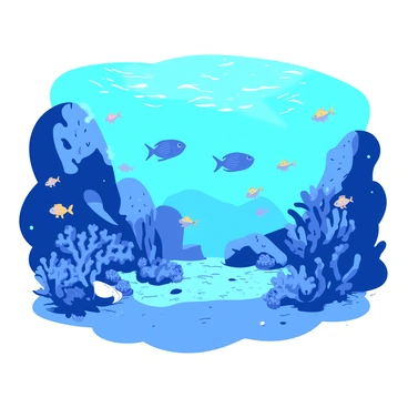 A blue underwater scene features a variety of fish swimming among vibrant coral reefs. Different species of fish, including small yellow and orange ones, dart gracefully through the water. The coral reefs are rich in texture and color, with intricate shapes and patterns. Sunlight filters down from the surface, casting shimmering reflections on the sandy ocean floor, creating a lively and dynamic atmosphere.