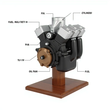 A miniature model of a diesel engine is prominently displayed on a polished wooden stand. The engine features intricately detailed components, including a silver-colored cylinder head, black pipes, and a bronze crankshaft. Transparent tubing is connected at various points, showcasing the flow of fuel. Surrounding the engine are carefully placed annotations in a clear font, labeling each part such as "cylinder," "fuel injector," and "oil pan." The wooden stand has a smooth finish and subtle grain patterns, enhancing the overall presentation of the model.