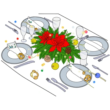 A festive holiday dinner table set for a celebration. The table is covered with a crisp white tablecloth. Each place setting includes a decorative plate, sparkling glassware, and a fork and knife placed neatly on either side. The napkins are neatly folded and adorned with "jingle bell" napkin rings, shiny and gold in color, adding a touch of elegance. In the center of the table, there is a vibrant centerpiece featuring a mix of red and green seasonal foliage, small pinecones, and twinkling fairy lights intertwined. A few shiny ornaments in various colors are scattered around the centerpiece, enhancing the holiday spirit. The overall scene evokes a warm and inviting atmosphere, ready for a joyful meal.