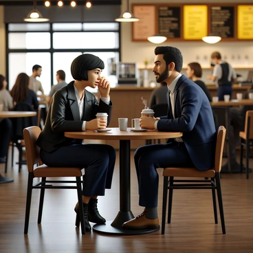 Two undercover agents sit at a small round table in a bustling coffee shop filled with patrons. One agent, a woman with short dark hair and wearing a black leather jacket, leans in close, her expression focused and serious. The other agent, a man with a closely-trimmed beard and wearing a tailored navy suit, nods attentively while holding a steaming cup of coffee in one hand. Around them, people chatter and the sound of coffee machines fills the air, creating a lively atmosphere. A brightly colored menu board is visible in the background, along with a barista preparing drinks behind the counter. The agents' body language suggests a sense of urgency as they exchange information quietly.