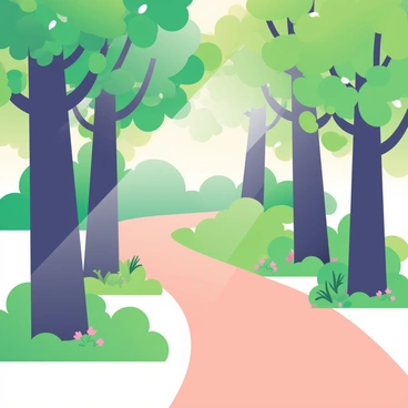 A winding forest path is surrounded by tall trees with lush green leaves. The trees have thick trunks and their branches stretch out overhead, creating a natural canopy. The path itself is covered in soft brown soil, with patches of grass and small wildflowers peeking through. The perspective emphasizes the curvature of the path, leading the eye deeper into the forest, enhancing the sense of depth. Sunlight filters through the leaves above, casting dappled shadows on the ground.